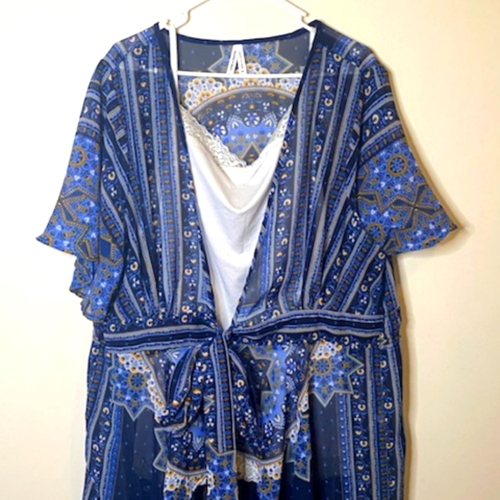 Kimono, Plus Size, Blue, White, Orange, 3x, Medallion